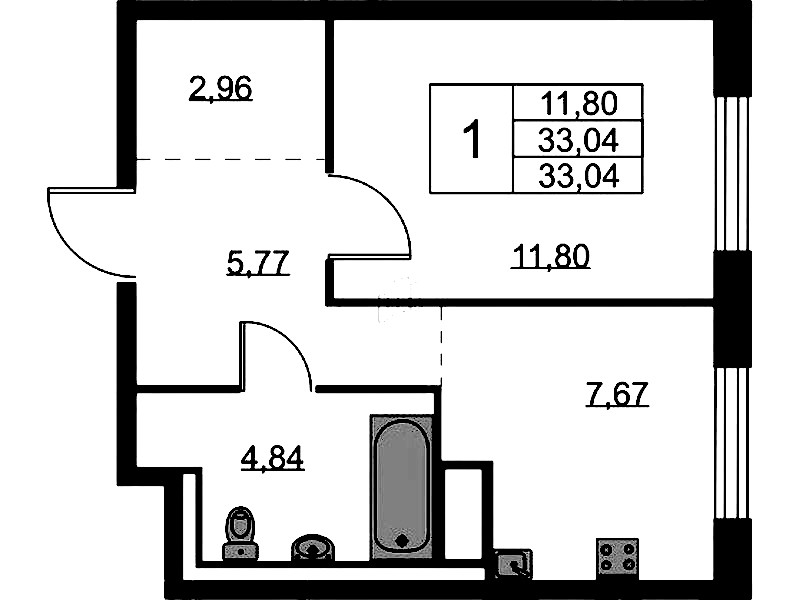 1-комнатная квартира 33.04 м², 9/9 эт., ЖК «Квартал Лаголово»